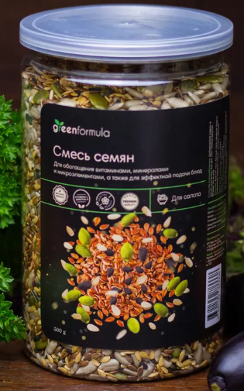 Смесь семян (семена льна, тыквы, кунжута, подсолнечника) Greenformula, банка 500г